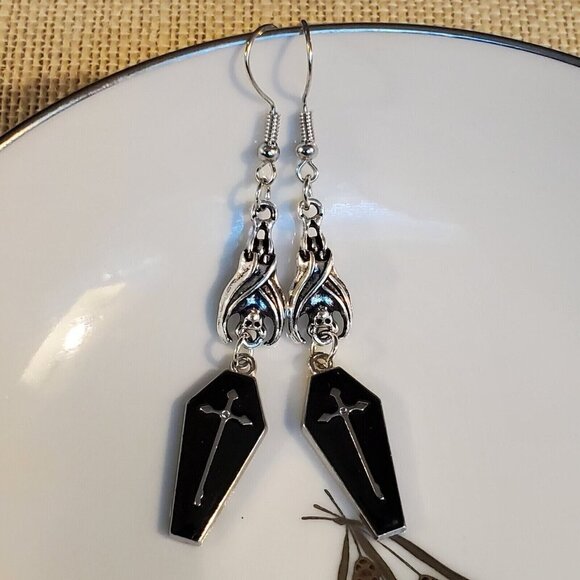 Midnight Black Vampire Coffin Hanging Bat Silver Cross Goth Enamel Earrings - Picture 3 of 8